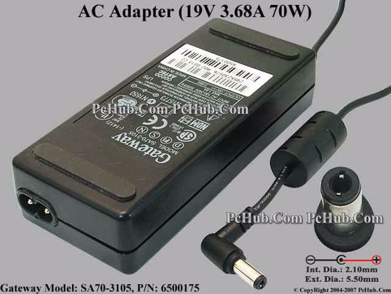 Gateway Common Item (Gateway) AC Adapter- Laptop SA70-3105, 19V 3.68A, Tip B