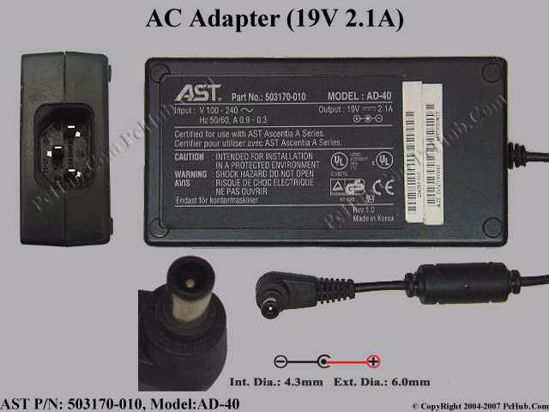 AST Common Item (AST) AC Adapter- Laptop 19V 2.1A, 6.0/4.3 With Pin, C14