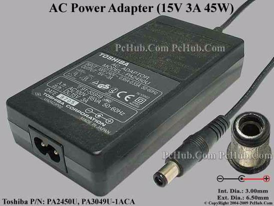 Toshiba Common Item (Toshiba) AC Adapter- Laptop 15V 3A, Barrel 6.3/3.0mm, 2-Prong