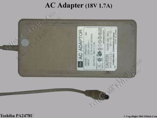 Toshiba Common Item (Toshiba) AC Adapter- Laptop PA2478U, 18V 1.7A. Tip B