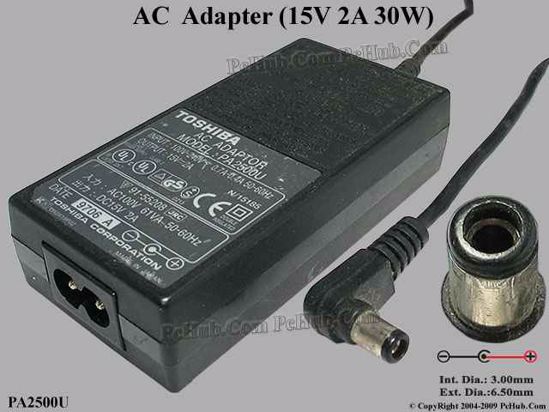 Toshiba Common Item (Toshiba) AC Adapter- Laptop PA2500U, 15V 2A, Tip-D, 2-prong