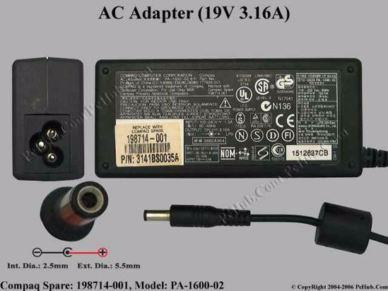 Compaq Common Item (Compaq) AC Adapter- Laptop 19V 3.16A, 5.5/2.5mm, 3-Prong