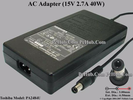 Toshiba Common Item (Toshiba) AC Adapter- Laptop PA2484U, 15V 2.7A, Tip D