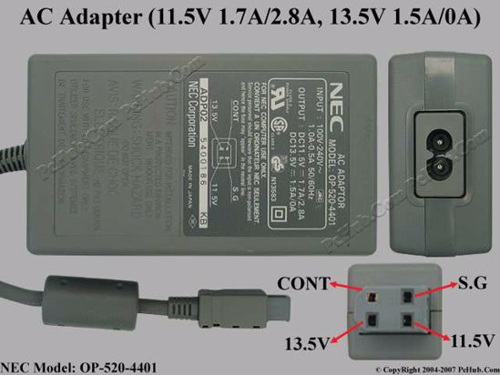 NEC Common Item (NEC) AC Adapter- Laptop OP-520-4401, 11.5V 2.8A, 13.5V 1.5A, 4-pin