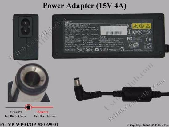 NEC Common Item (NEC) AC Adapter- Laptop 15V 4A, 6.3/3.0mm, 2-Prong