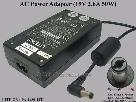 LITE-ON PA-1480-19T AC Adapter- Laptop 19V 2.6A, 5.5/1.7mm, 2-Prong