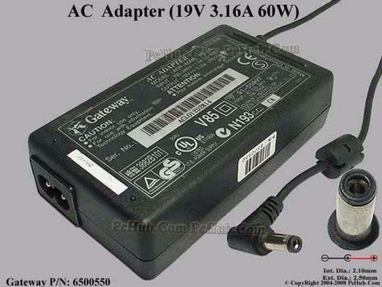 Gateway Common Item (Gateway) AC Adapter- Laptop 19V 3.16A, 5.5/1.7mm 2-Prong