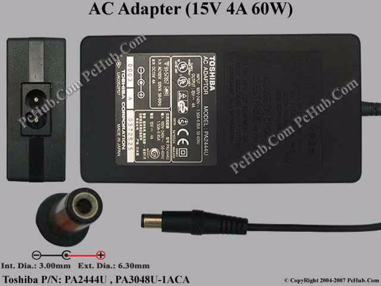 Toshiba Common Item (Toshiba) AC Adapter- Laptop 15V 4A, 6.3/3.0mm, 2-Prong