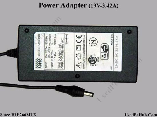 ASTEC SA65-3105 AC Adapter- Laptop 19V 3.42A, 5.5/2.1mm, 2-Prong