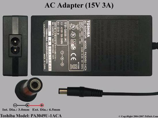 Toshiba Common Item (Toshiba) AC Adapter- Laptop PA3049U-1ACA, 15V 3A, Tip D, (2-prong)