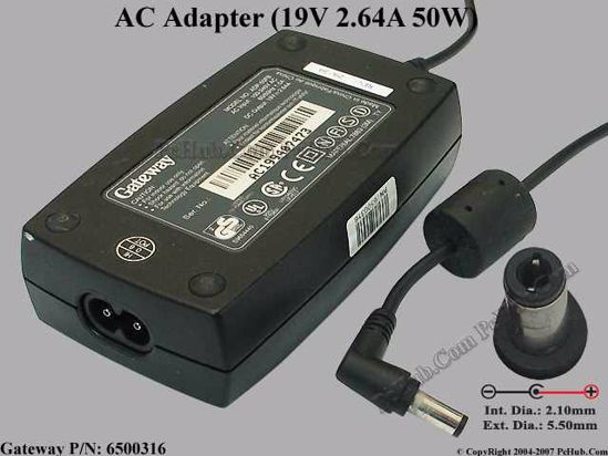 Gateway Common Item (Gateway) AC Adapter- Laptop 19V 2.64A, 5.5/2.1mm, 2-Prong