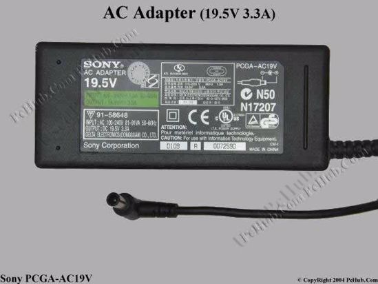 Sony Vaio Parts AC Adapter- Laptop 19.5V 3.3A, 6.0/4.3mm With Pin, 2-Prong