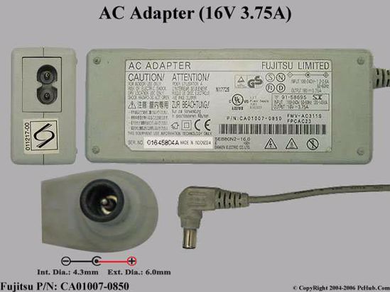 Fujitsu Stylistic ST4110 AC Adapter- Laptop 16V 3.75A, 6.5/4.3mm With Pin, 2-Prong