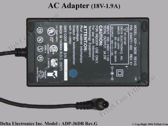 Delta Electronics ADP-36DB REV.G AC Adapter- Laptop 18V 1.9A, Tip E