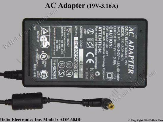 Delta Electronics ADP-60JB AC Adapter- Laptop 19V 3.16A, 5.5/1.7mm 3-Prong