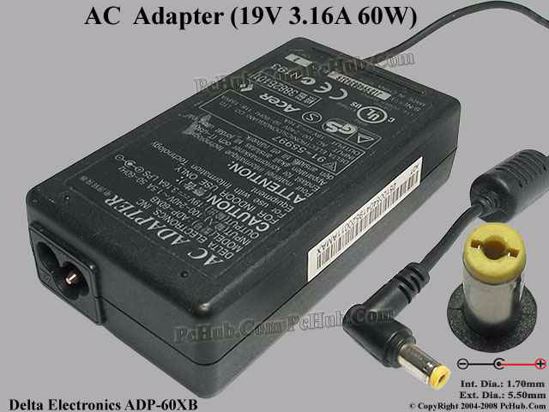 Delta Electronics ADP-60XB AC Adapter- Laptop 19V 3.16A, 5.5/1.7mm 3-Prong