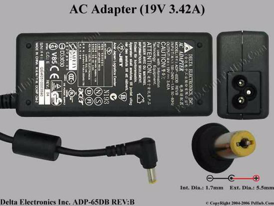 Delta Electronics ADP-65DB REV.B AC Adapter- Laptop 19V 3.42A, 5.5/1.7mm, 3-Prong