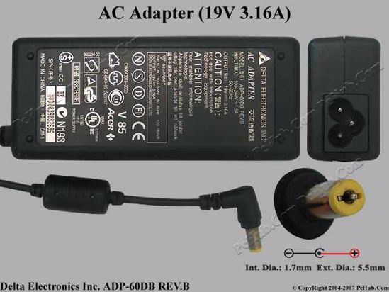 Delta Electronics ADP-60DB REV.B AC Adapter- Laptop 19V 3.16A, 5.5/1.7mm 3-Prong