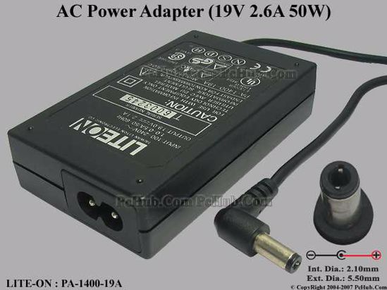 LITE-ON PA-1400-19A AC Adapter- Laptop 19V 2.1A, 5,5/2.5mm 12mm Length, 2-Prong