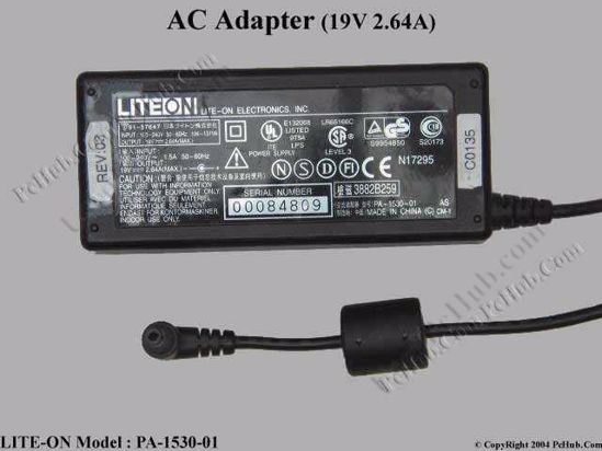 LITE-ON PA-1530-01 AC Adapter- Laptop 19V 2.64A, 4.8/1.7mm, 3-Prong