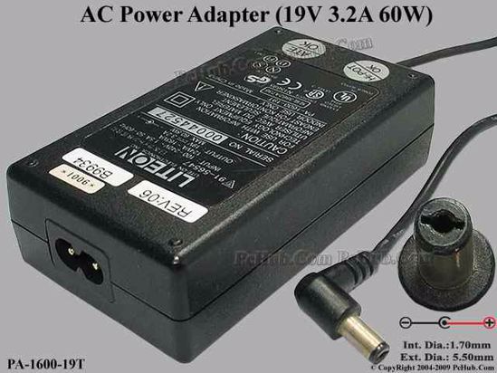 LITE-ON PA-1600-19T AC Adapter- Laptop 19V 3.2A, Tip Acer, (2-prong)