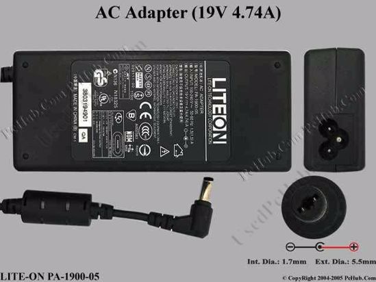 LITE-ON PA-1900-05 AC Adapter- Laptop 19V 4.74A, 5.5/1.7mm, 3-Prong