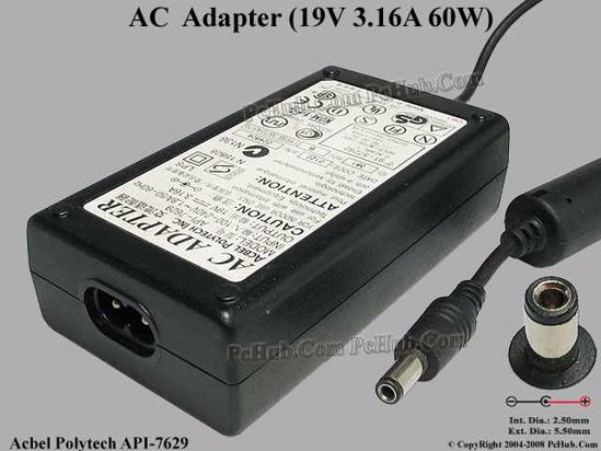 Acbel Polytech API-7629 AC Adapter- Laptop 19V 3.16A, 5.5/2.5mm, 2-Prong