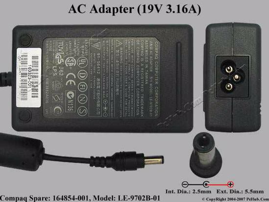 Compaq Common Item (Compaq) AC Adapter- Laptop 19V 3.16A, 5.5/2.5mm, 3-Prong