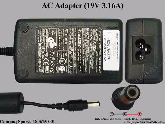 Compaq Presario Series AC Adapter- Laptop 19V 3.16A, 5.5/2.5mm, 3-Prong