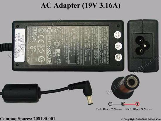 Compaq Common Item (Compaq) AC Adapter- Laptop 19V 3.16A, 5.5/2.5mm, 3-Prong