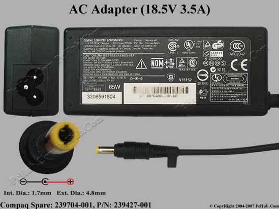 Compaq Common Item (Compaq) AC Adapter- Laptop 239704-001, 18.5V 3.5A, Tip A