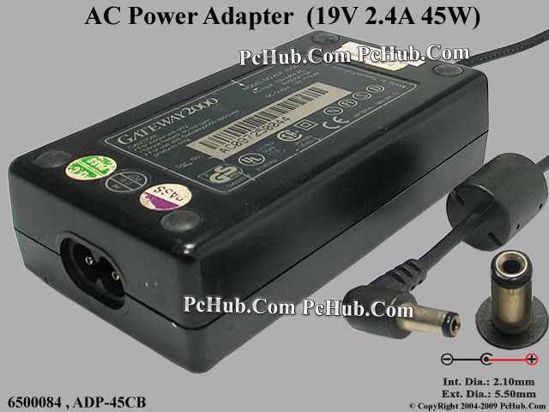 Gateway Common Item (Gateway) AC Adapter- Laptop 19V 2.4A, 5.5/2.1mm, 2-Prong