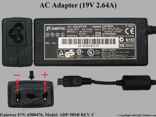 Gateway Common Item (Gateway) AC Adapter- Laptop 19V 2.64A, 3-Flat Hole, 3-Prong