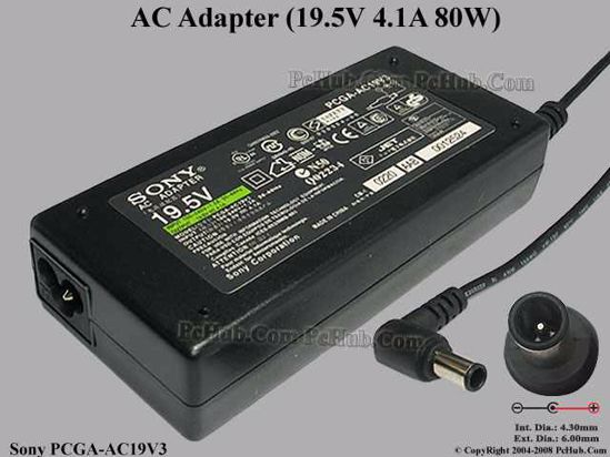 Sony Vaio Parts AC Adapter- Laptop PCGA-AC19V3, 19.5V 4.1A, Tip E