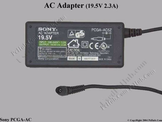 Sony Vaio Parts AC Adapter- Laptop 19.5V 2.3A, 6.0/4.5 With Pin, 2-prong