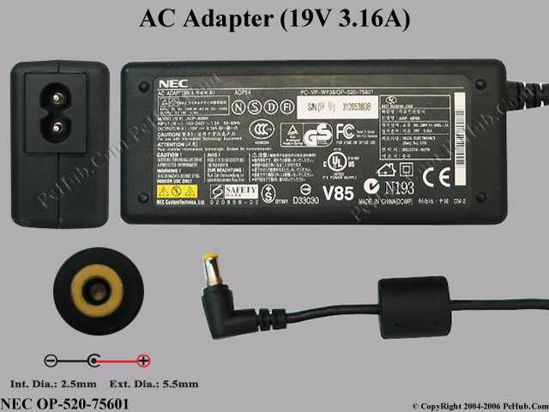 NEC Common Item (NEC) AC Adapter- Laptop 19V 3.16A, 5.5/2.5mm, 2-Prong