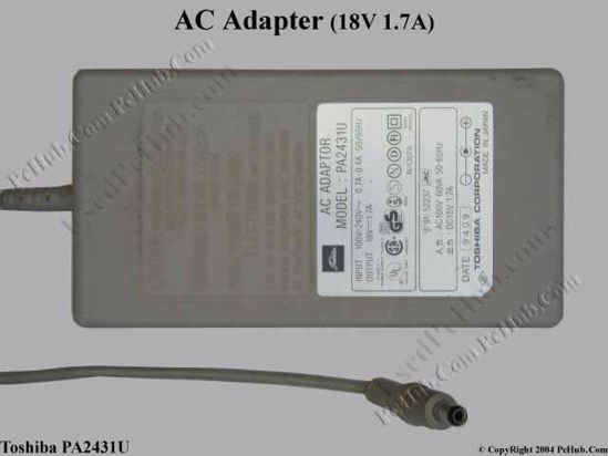 Toshiba Common Item (Toshiba) AC Adapter- Laptop PA2431U, 18V 1.7A, Tip B