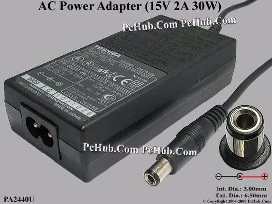 Toshiba Common Item (Toshiba) AC Adapter- Laptop PA2440U, 15V 2A, Tip D, 2-prong