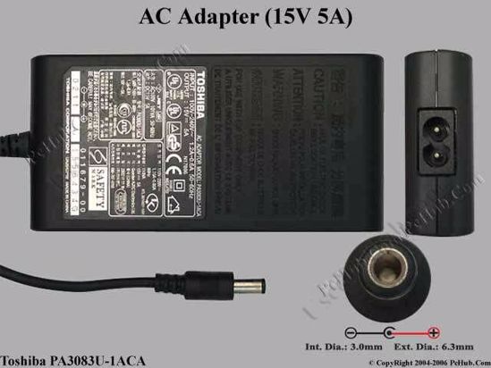 Toshiba Common Item (Toshiba) AC Adapter- Laptop 15V 5A, Barrel 6.3/3.0mm, 2-Prong