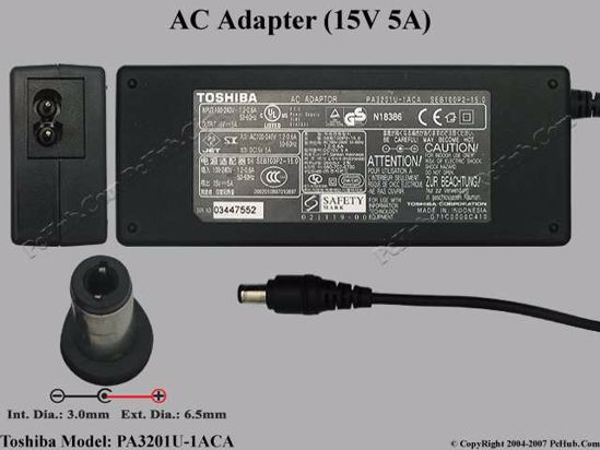 Toshiba Common Item (Toshiba) AC Adapter- Laptop PA3201U-1ACA, 15V 5A, Tip D, (2-prong)