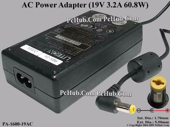 LITE-ON PA-1600-19AC AC Adapter- Laptop 19V 3.2A, Tip Acer, 2-Prong