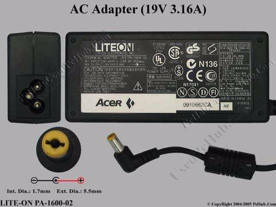 LITE-ON PA-1600-02 AC Adapter- Laptop 19V 3.16A, 5.5/1.7mm 3-Prong