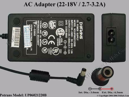 Potrans UP06021220B AC Adapter- Laptop 22-18V 2.7-3.2A, 6.3/3.0mm, 2-Prong