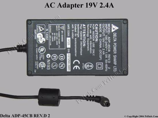 Delta Electronics ADP-45CB REV.D 2 AC Adapter- Laptop 19V 2.4A, 5.5/2.1mm, 2-Prong