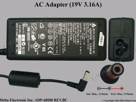 Delta Electronics ADP-60DB REV.BC AC Adapter- Laptop 19V 3.16A, 5.5/2.5mm, 3-Prong