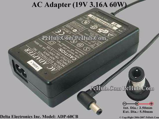 Delta Electronics ADP-60CB AC Adapter- Laptop 19V 3.16A, 5.5/2.5mm, 2-Prong