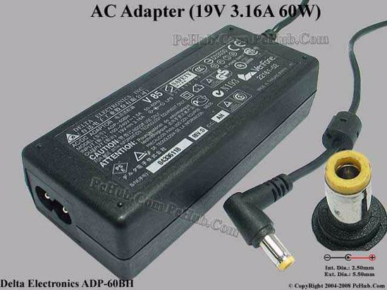 Delta Electronics ADP-60BH AC Adapter- Laptop 19V 3.16A, 5.5/2.5mm, 2-Prong