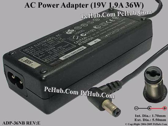 Delta Electronics ADP-36NB REV.E AC Adapter- Laptop 19V 1.9A, Tip Acer, (2-prong)