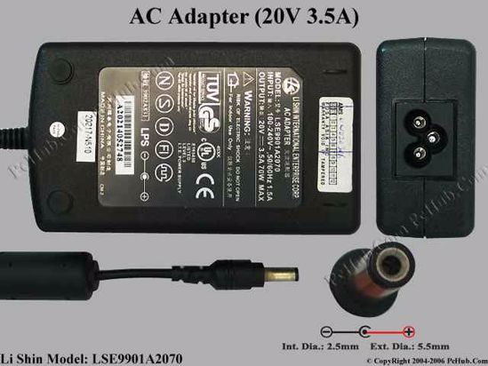 Li Shin LSE9901A2070 AC Adapter- Laptop 20V 3.5A, 5.5/2.5mm, 3-Prong