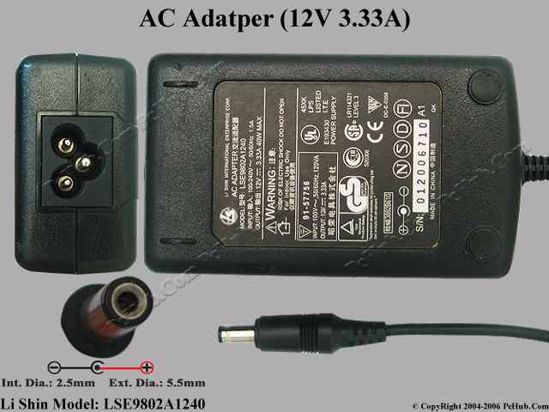 Li Shin LSE9802A1240 AC Adapter- Laptop 12V 3.33A, 5.5/2.5mm, 3-Prong